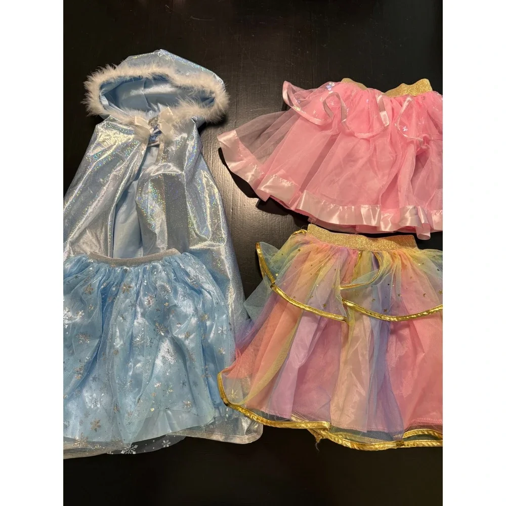Kids Dress Up Costume Set 3 Tutus and Shimmering Hooded Cape Rainbow Blue Pink